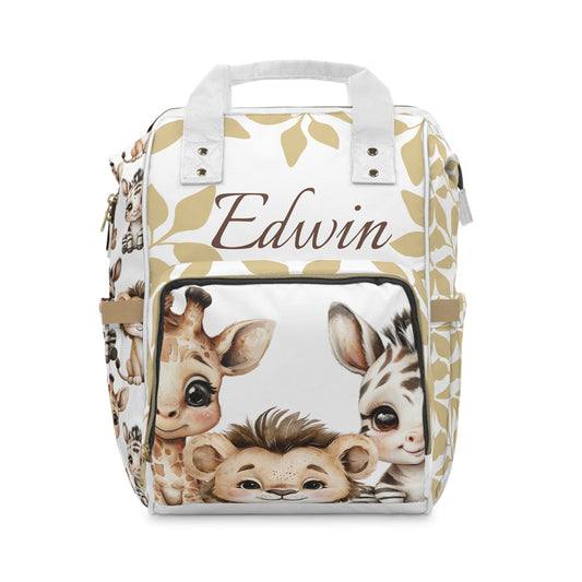 Personalized Safari Diaper Bag with Baby Lion, Zebra & Giraffe – Custom Name Option